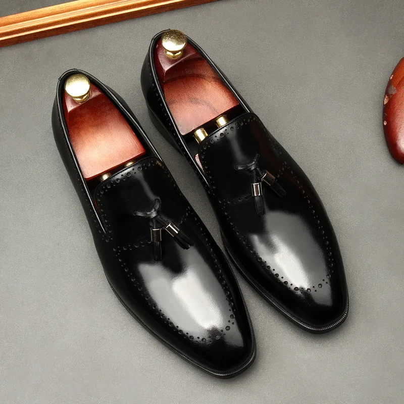 HNXC Fashion Mens Tassel Loafer Shoes Genuine Leather Black Brown Slip On Pointed Casual Wedding Party Dress Shoes For Men