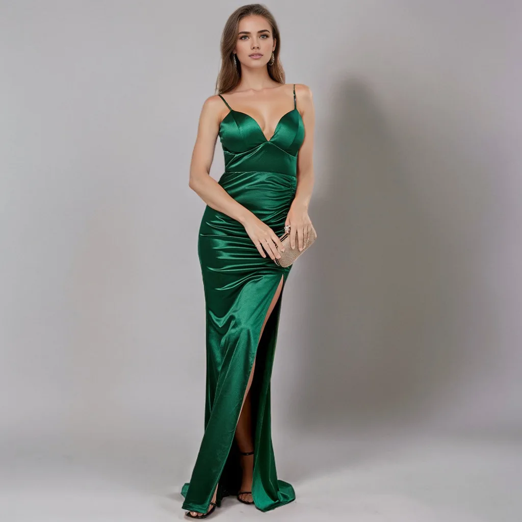 Women's Green V-neck High Waist Sling Backless Fishtail Skirt Evening Dress Long Temperament Elegant Gown Wedding Dress Party