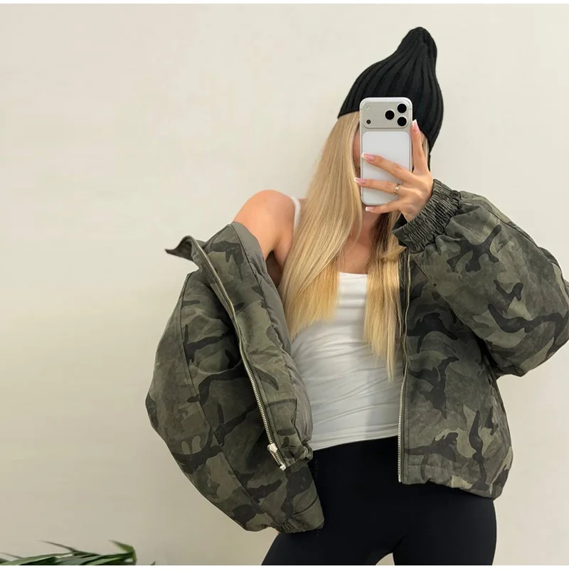 Camo Print Hooded Puffer Jacket Chic Zip Up Stand Collar Elastic Cuff Warm Cropped Coat 2026 Women Winter Commute Street Jackets
