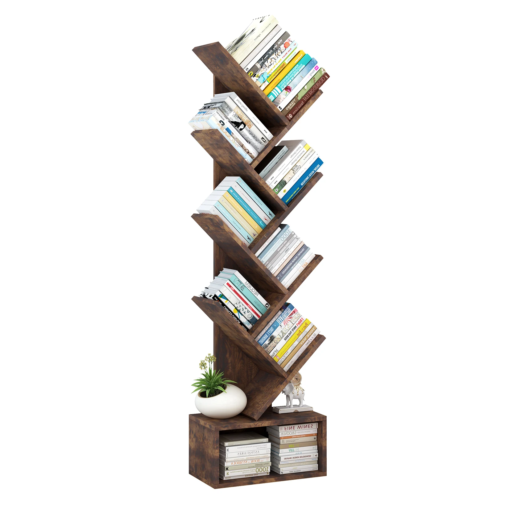 Tree Bookshelf with Storage, 8 Tier Wooden Tall Book Shelf, Floor Standing Bookcase for Kids and Adults, Utility Organizer Shelves for Living Room