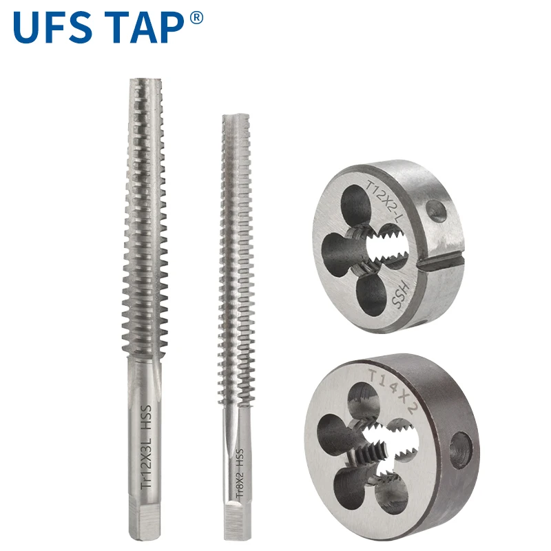 UFS TAP 1SET=2PCS HSS Left/Right Trapezoid Taps and Round Die Set TR8 10 12 14 16 18 20 22 24 26 28 30 32 Round Die Tap