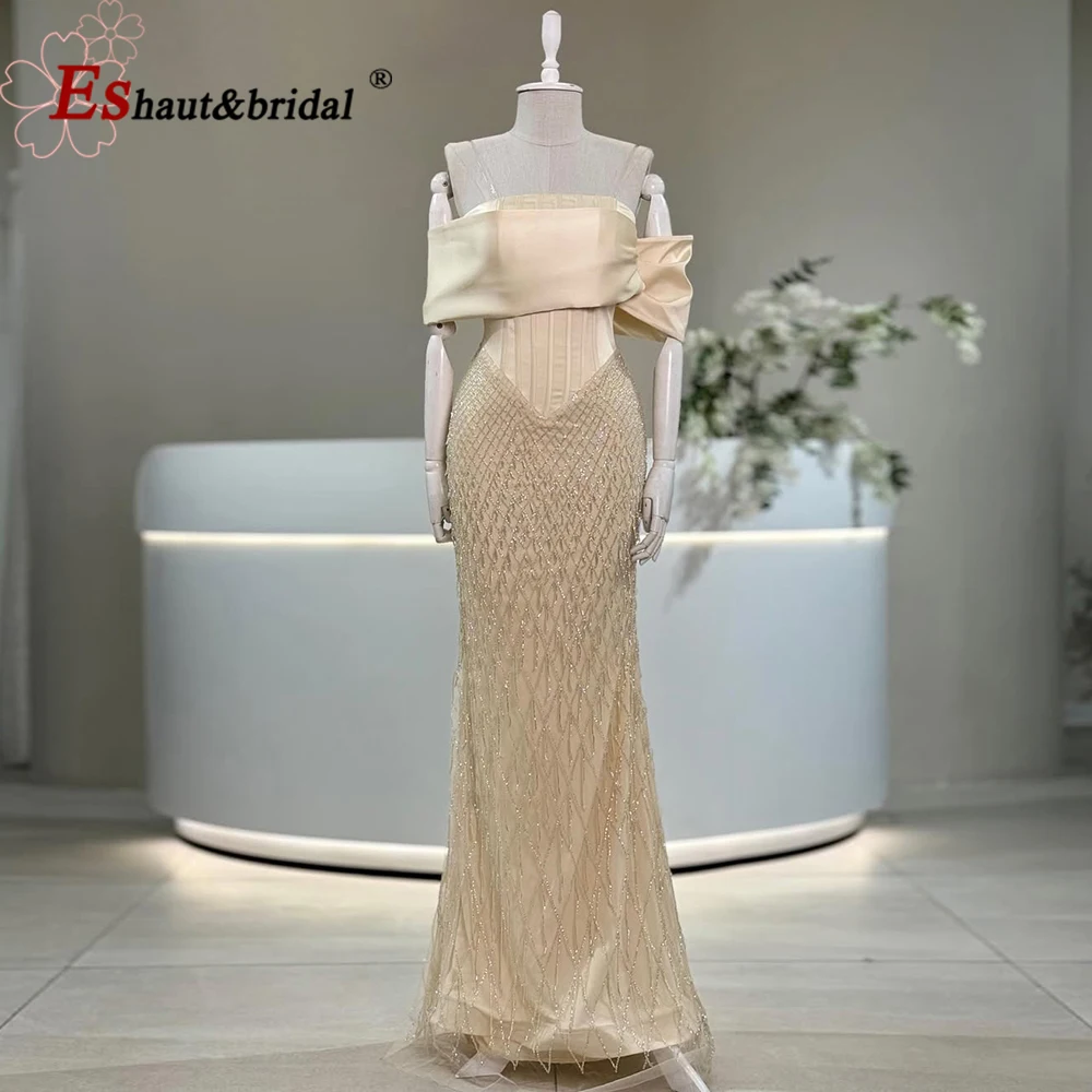 

Elegant Nude Off-the-Shoulder Mermaid Evening Dress Luxury Beaded Long Formal Prom Wedding Party Gown for Women Customized 2025