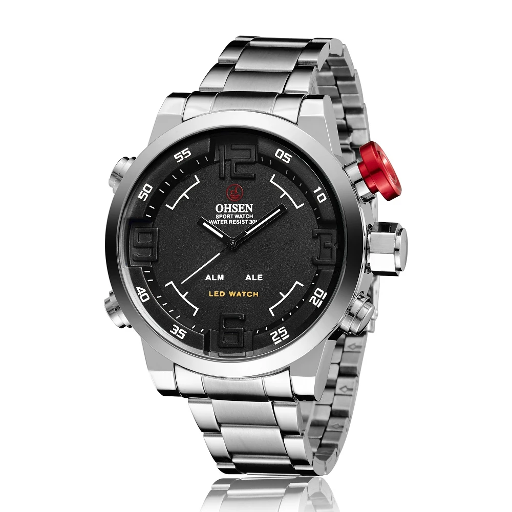 New OHSEN Brand Digital Quartz Men Business Wristwatches Black Dial Full Steel Band Fashion LED Military Dress Casual Watch Gift