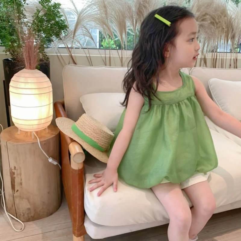 2025 Mint Green Girls' Set: Sleeveless Mesh Top + Ecru Bloomer Shorts 2PCS Cotton Romper Play Day Essentials 2-7Y kids clothes