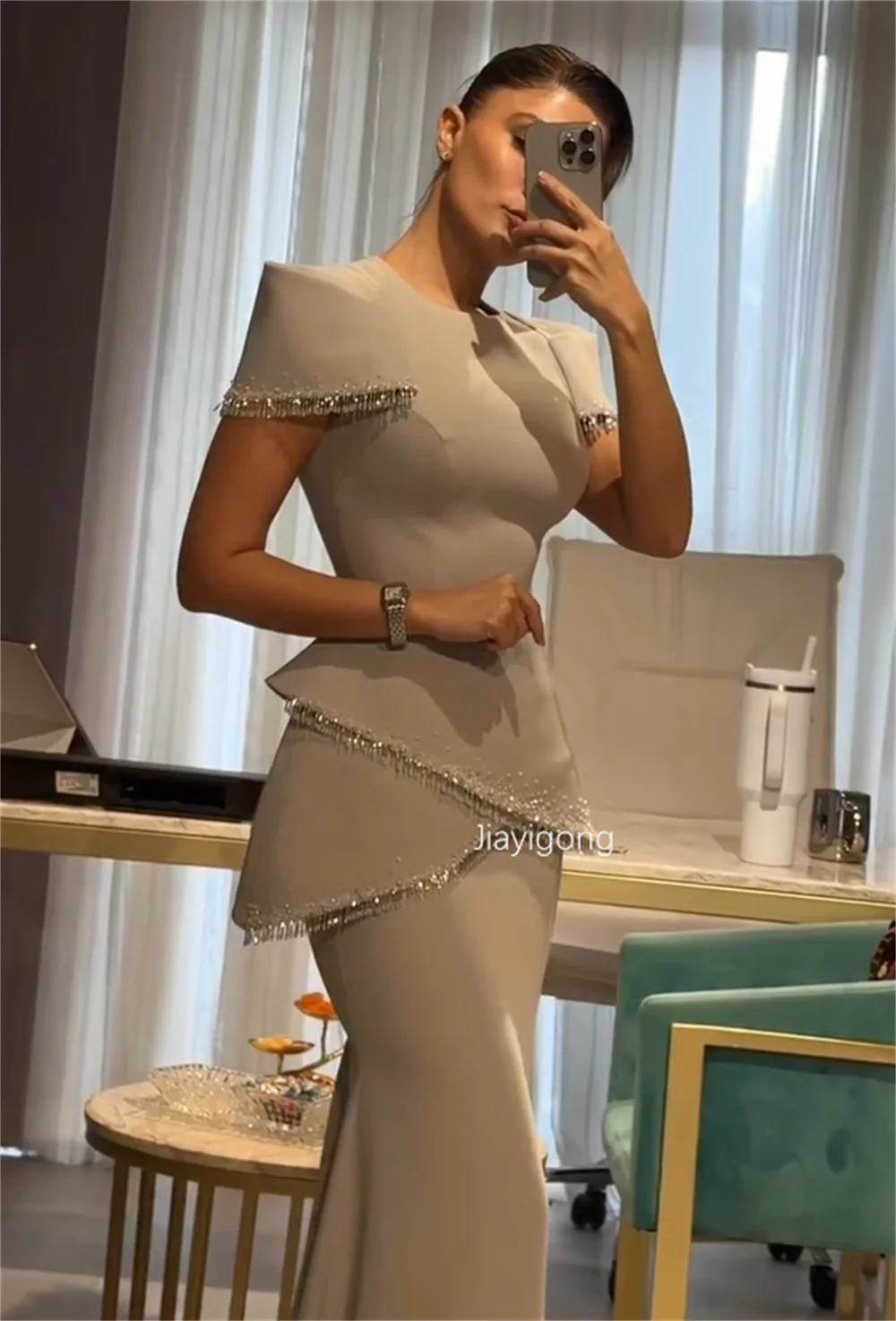 Customized Exquisite Jersey Pleat Sequined Mermaid O-Neck Long Bespoke Occasion Prom Dresses Fashion Modern Style