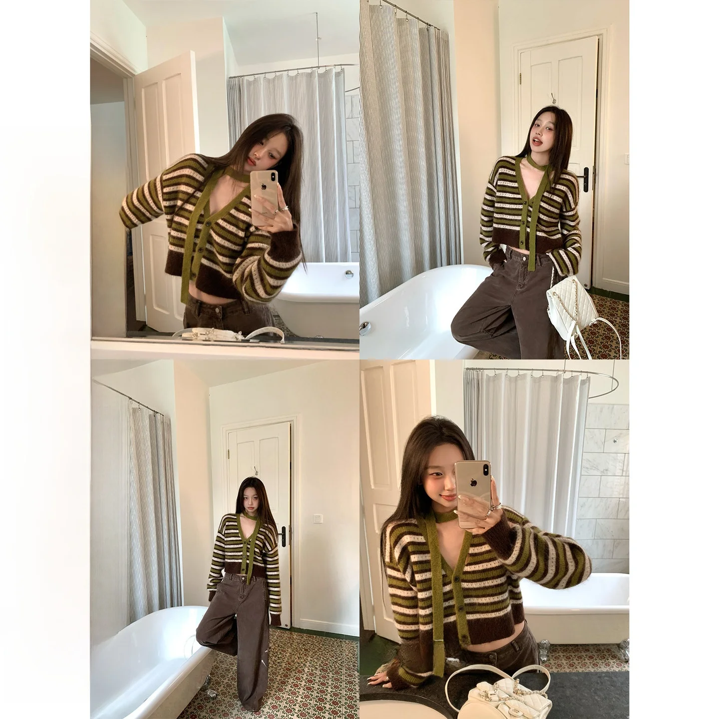 

ort V-Ne Knitted Sweater with Color Blo Netie for Women Casual Loose Sle Striped Pattern Autumn Faion Sweater