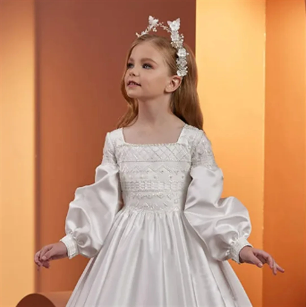 

Customized Flower Girl Dress White Satin Beaded Long Sleeves Wedding Elegant Flower Child's First Eucharist Birthday Party Dress