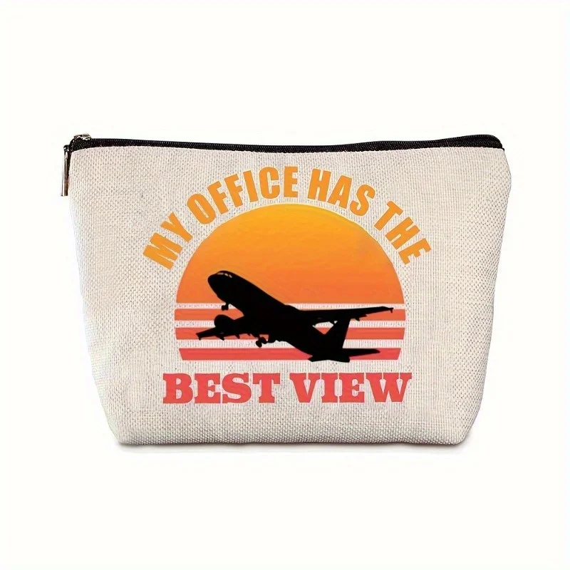 Aviator Flight Attendant Aviation-Themed Makeup Pouch Zipper Closure White Fabric Cosmetic Bag Airline-Themed Gift Zippered Pouc