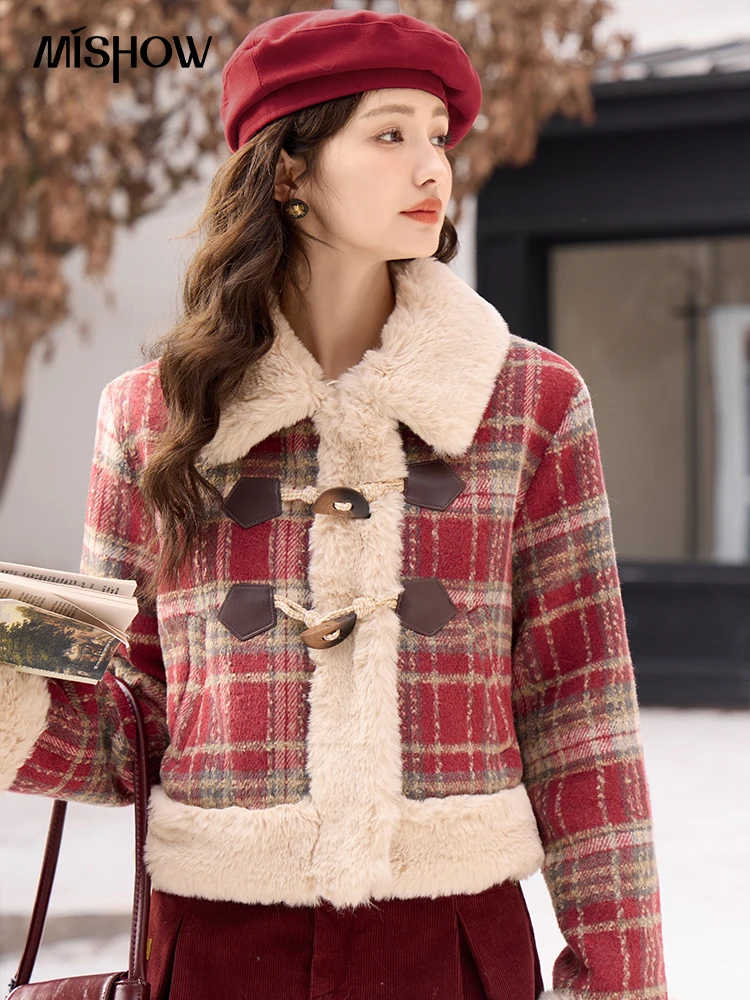 MISHOW Plaid Short Woolen Coat Women Autumn Winter Korean Vintage Thick Plush Collar Jacket Office Lady New Outwear MXC57W0272