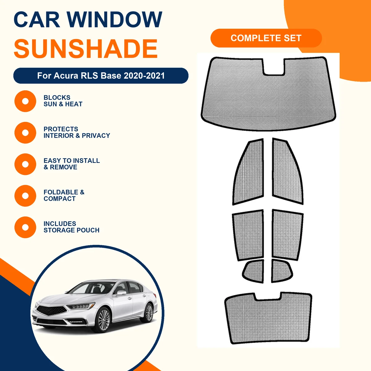 For Acura RLS Base 2020-2021 Custom Full Set Window Sunshades Aluminum Foil Suction Cup Anti UV Privacy