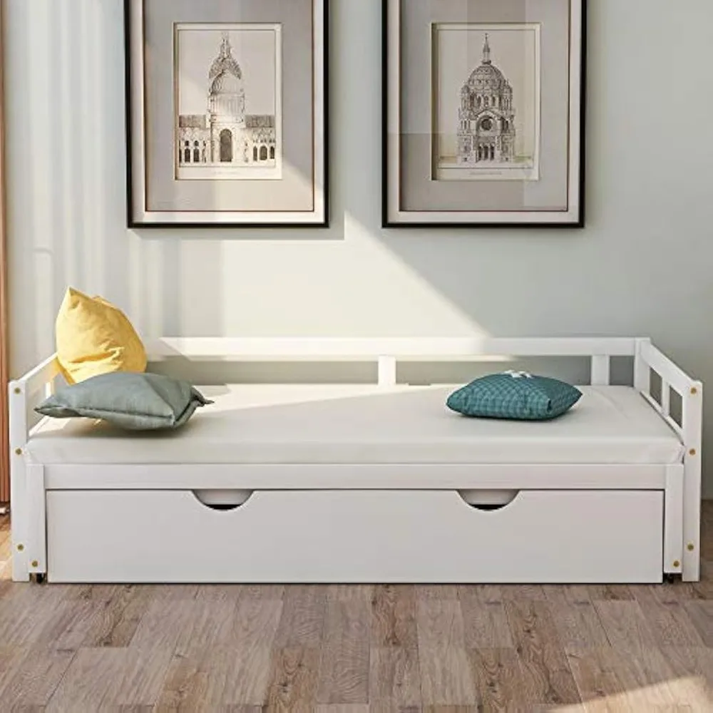 Espreguiçadeira extensível com camas de rodízio, estrutura de sofá de madeira com rodízio removível, sofá de descanso estendendo com design twin to king para crianças e meninas
