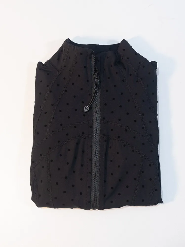 New Sweet Black Polka Dot Stand Collar Jacket Slim Fit Long Sleeve Sports Coat Versatile Fitness Yoga Top image 5
