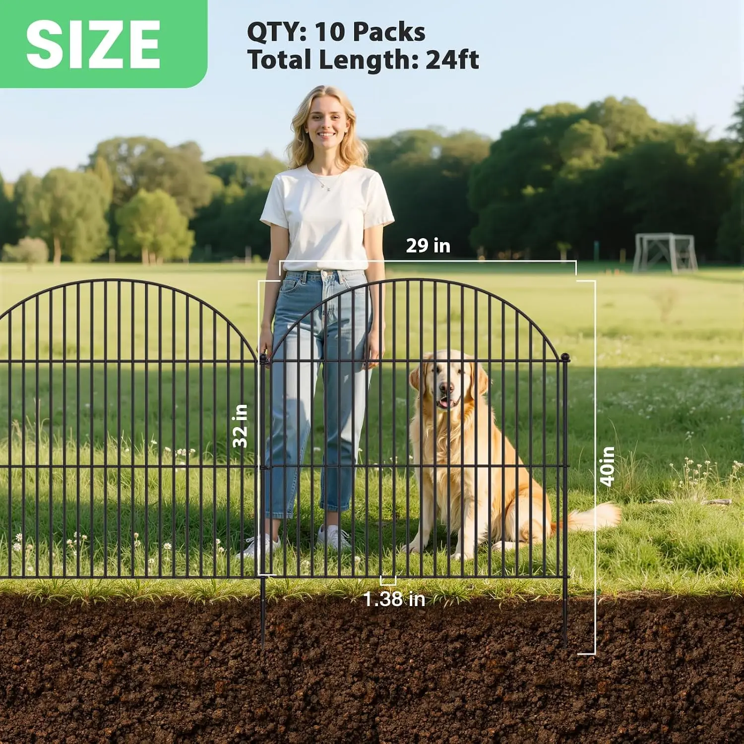 10Pcs No Dig Garden Fence, 32in(H)/24ft(L) Rustproof Metal Dog Fence Outdoor for Yard, Tall Animal Barrier Pet Fencing, Border