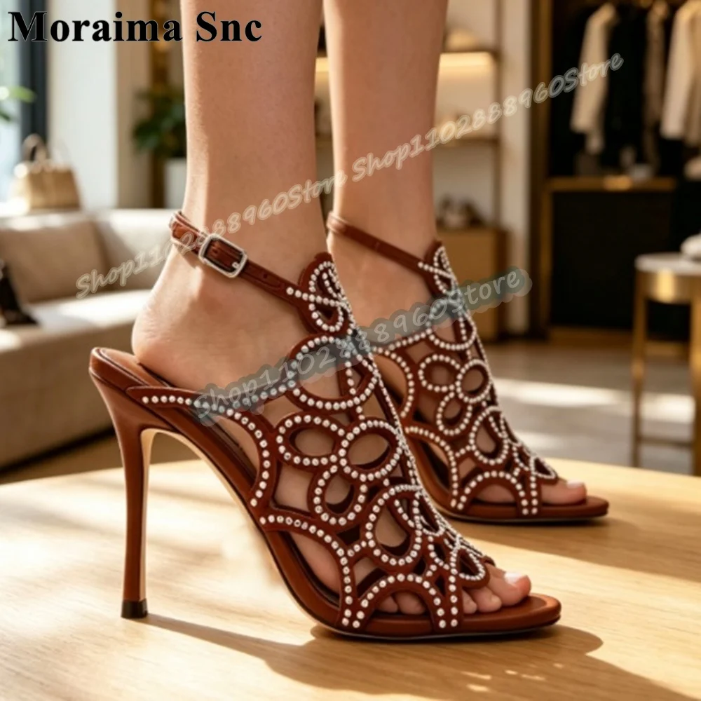 Trendy Brown Flock Bling Crystal Sandals Thin High Heel Shoes For Women Ankle Buckle Strap Open Toe Fashion Zapatos Para Mujer