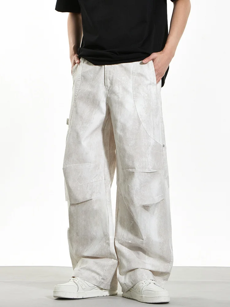 

AGANONMEM American Sle Vintage Men's Loose Thin Casual Pants Wide Leg Pleated Knife Pants Summer Straight Tube