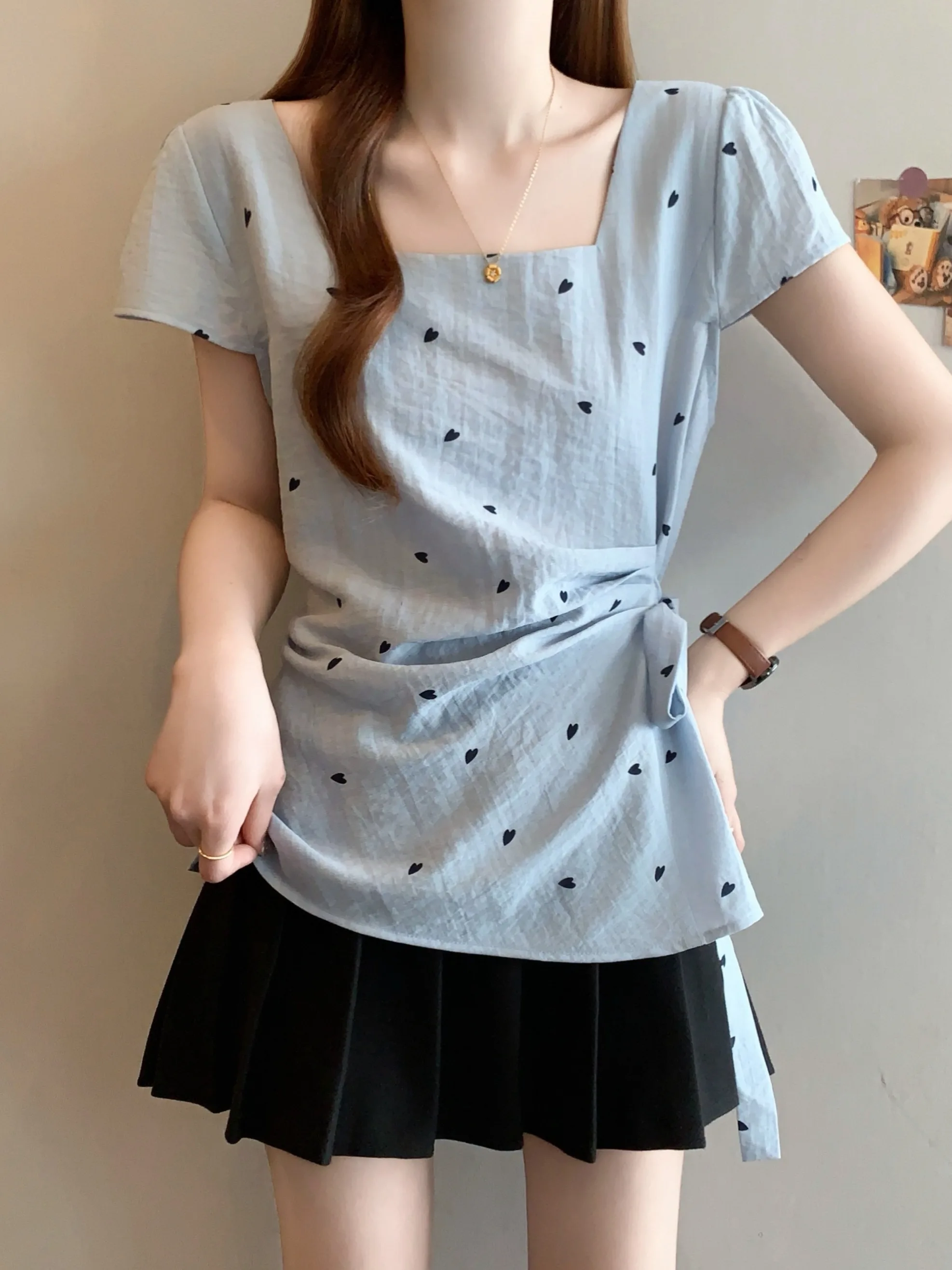 

Light Blue Square Collar Short Sleeve Shirt Women's Korean Style Age-Defying Tie Waist Top Summer New Arrival Fashion