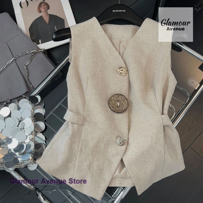 

French retro irregular button design linen vest women's summer new fashion high-quality temperament with wild casual slim top.