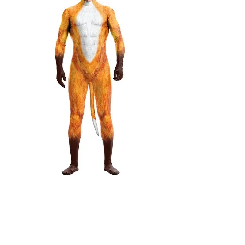 

qa156Funny Men Animal Cosplay Onesies 3D Print Jumpsuit With Tail Adult Women Skinny Stretch Bodysuit Halloween Party Costume Ou