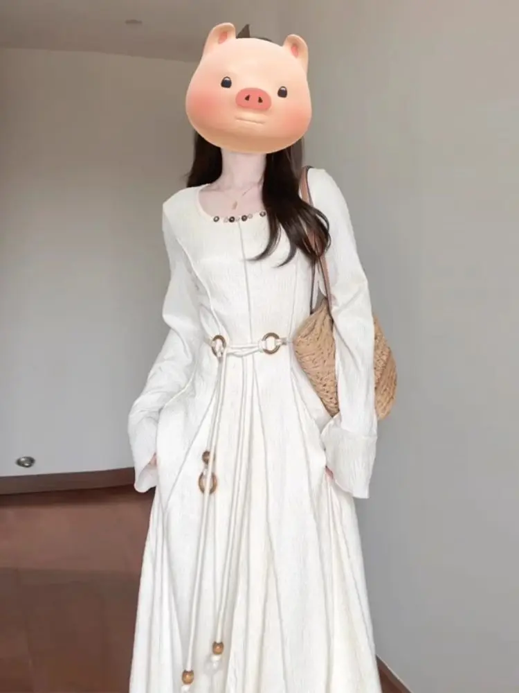 

Gentle White French Square-neck Long-sleeved Dress for Women 2024 Spring and Autumn High-end Waist-cinching Long Skirt