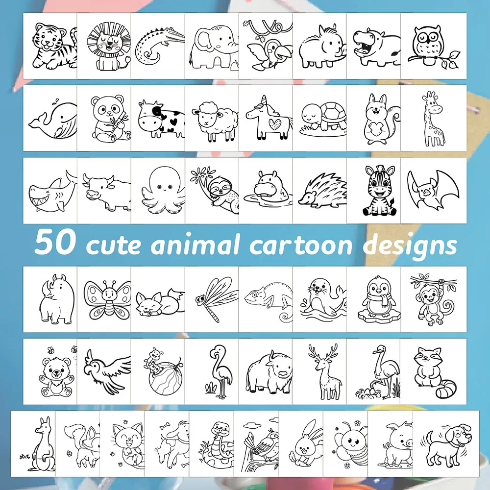 50 sheets Cartoon mini coloring book, animal/food graffiti drawing book, portable student decompression coloring book