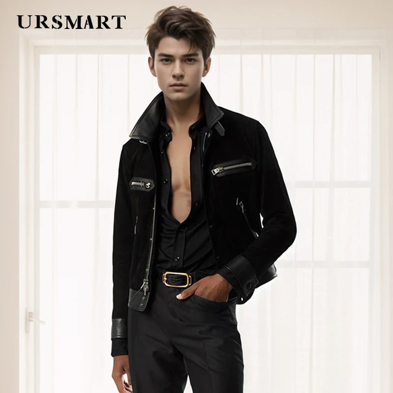 Custom Men's Leather Coat - Classic Suede Sheepskin British Style Short Calf Leather Jacket