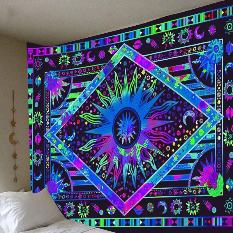 Psychedelic Dreamcatcher Moon Feather Tapestry Large Bohemian Mandala Wall Cloth for Ceiling Bedroom Living Room Home Decor