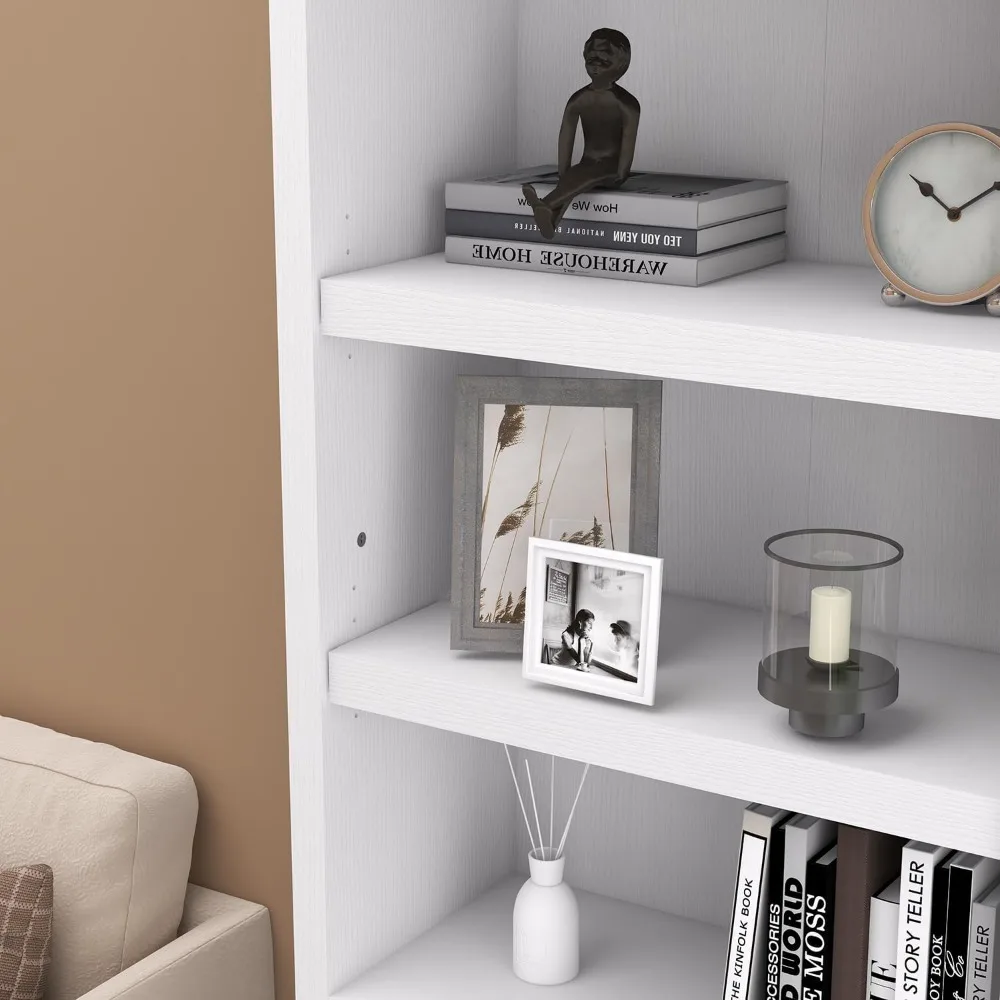 خزانة كتب بانانا بأبواب، 5 أرفف عرض قائمة بذاتها مع منظم تخزين الخزانة وأثاث المكاتب المنزلية (أبيض)