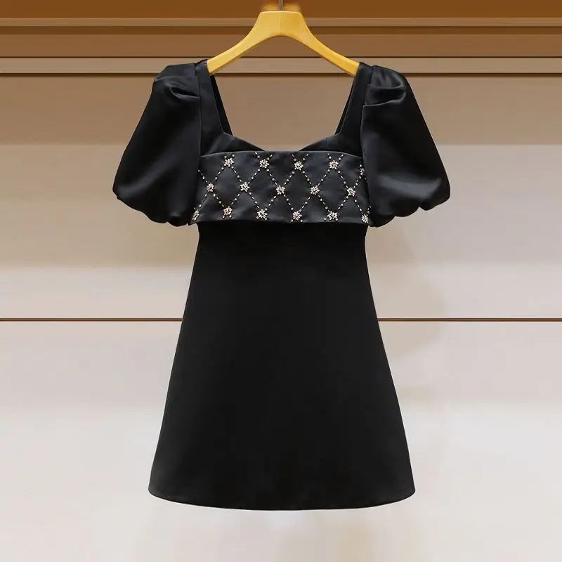 

2024 Summer French contrasting patchwork loose black dress outfits for women vestido Loose Fit