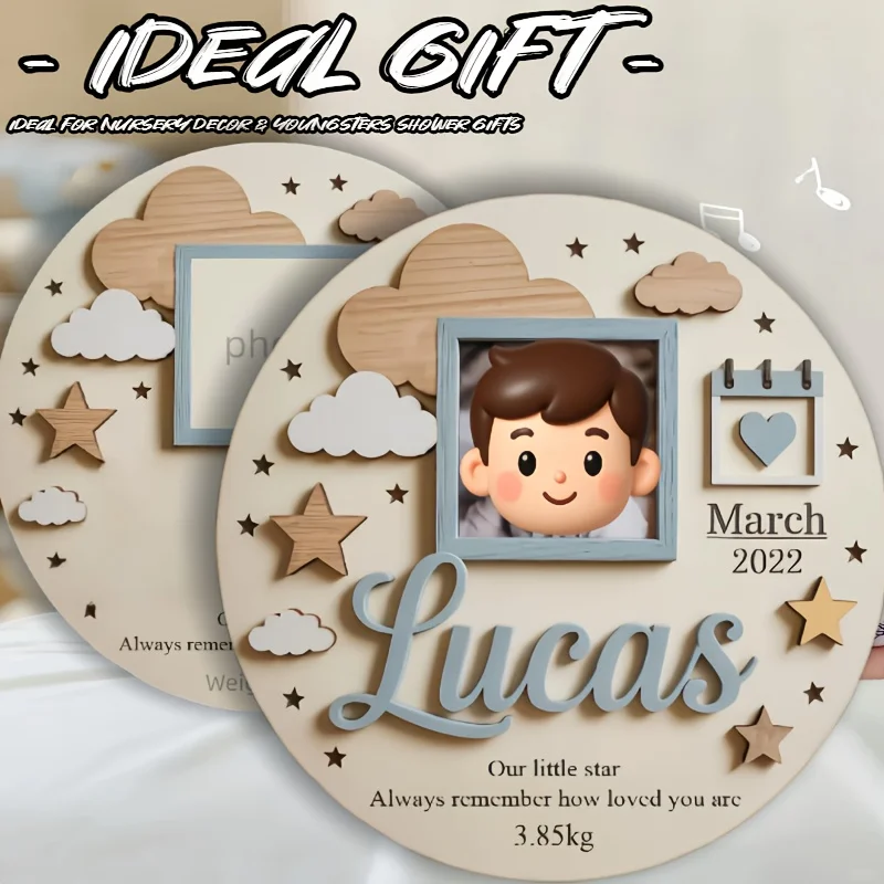 Personalized Baby Photo Frame, Custom Wooden Birth Plaque with Name & Date, Nursery Decor, Newborn Keepsake Gift - view 5