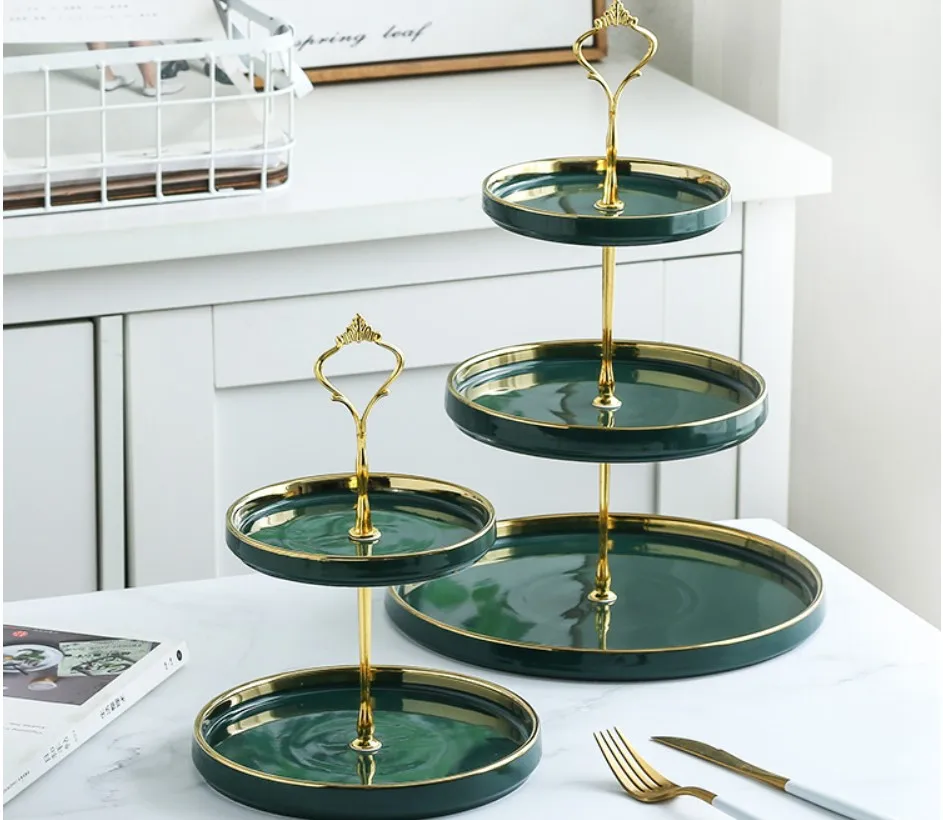 

Ceramic Fruit Plate Emerald Green Three-layer Cake Plates Candy Dessert Multi-layer Tray Afternoon Tea Snack Stand Household