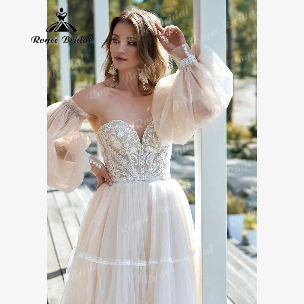 Vestido elegante bohemio de encaje con hombros descubiertos para fiesta de boda para mujer, vestido de cena nupcial con manga abombada extraíble, vestidos de fiesta