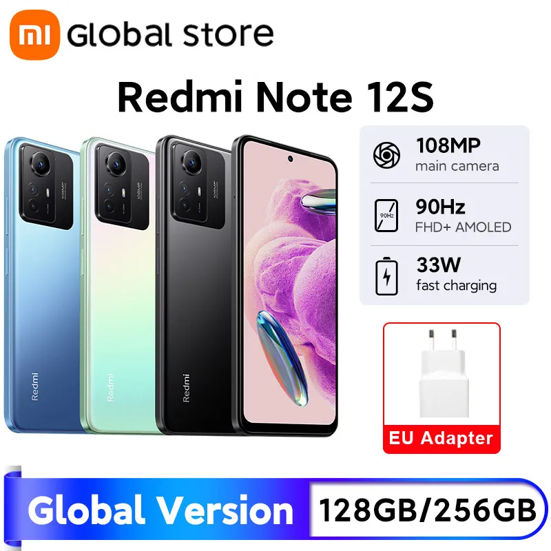 글로벌 버전 샤오미 레드미 스마트폰, 노트 12S, MTK 헬리오 G96, 108MP 카메라, 5000mAh, 90Hz, 6.43 인치 AMOLED 도트 디스플레이, 33W 고속 충전 