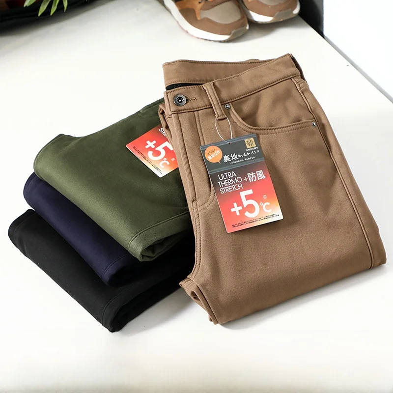 

Thiened, зимние устойчивые мужские повседневные брюки, модные облегающие теплые деловые повседневные брюки со средней талией, эластичные эластичные брюки
