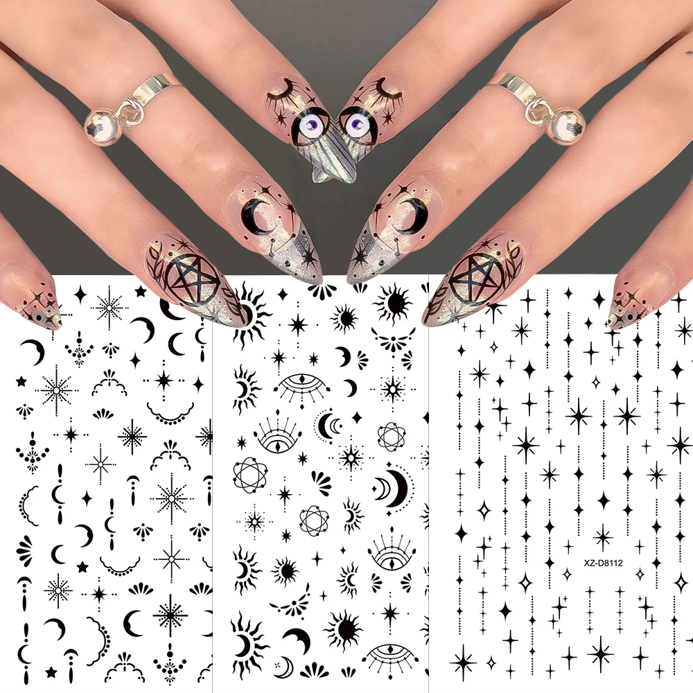 12 Stuks 3D Zwarte Strik Kruis Ster Maan Nail Stickers Mini Vijfpuntige Ster Strik Y2K Nail Decal nail Art Decoratie Accessorie