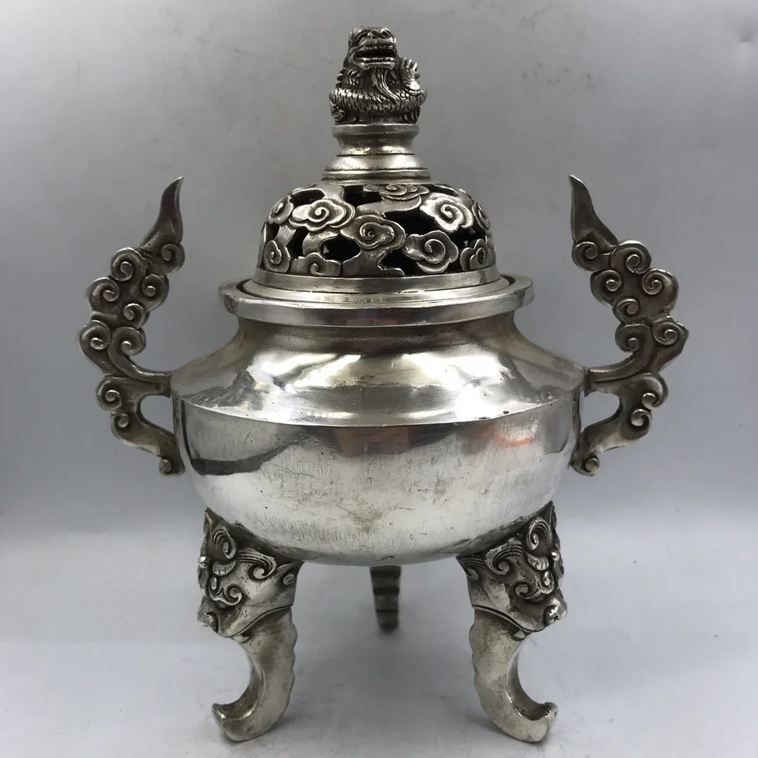 MOEHOMES China classical home decoration miao Silver fengshui Dragon head cap metal crafts Incense burner