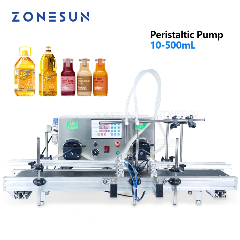 ZONESUN Automatic Filling Machine 2 Heads Peristaltic Pump Perfume Essential Oil Milk Juice Beverage Bottle Packaging Machine