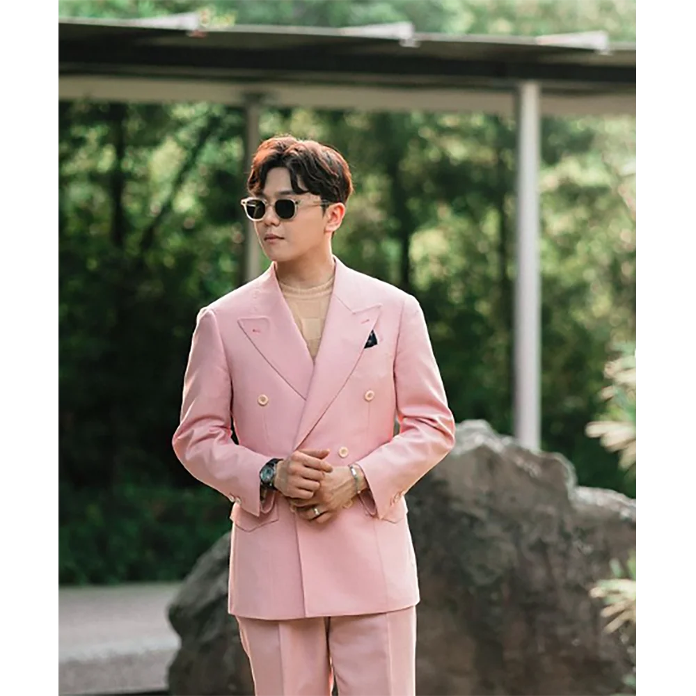 New Handsome Pink Double Breasted Men's Suit 2 Pieces Peak Lapel Set Daily Fashion Male（Blazer+Pants）