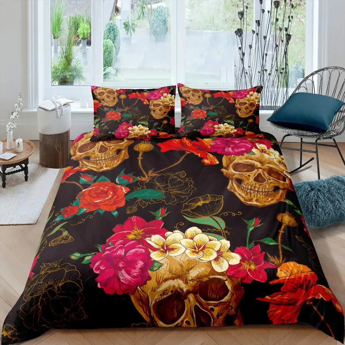 

Sugar Skull Duvet Cover Set King Size Poppy Rose Bedding Set,3D Floral Skull Comforter Cover Set Black Red Skeleton Bedspreads