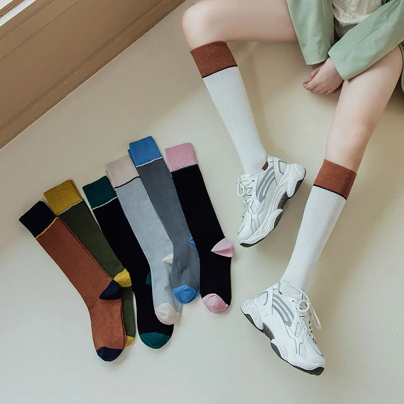 Autumn/winter new ins calf socks Day Color matching student jk knee socks cotton slimming women's long socks