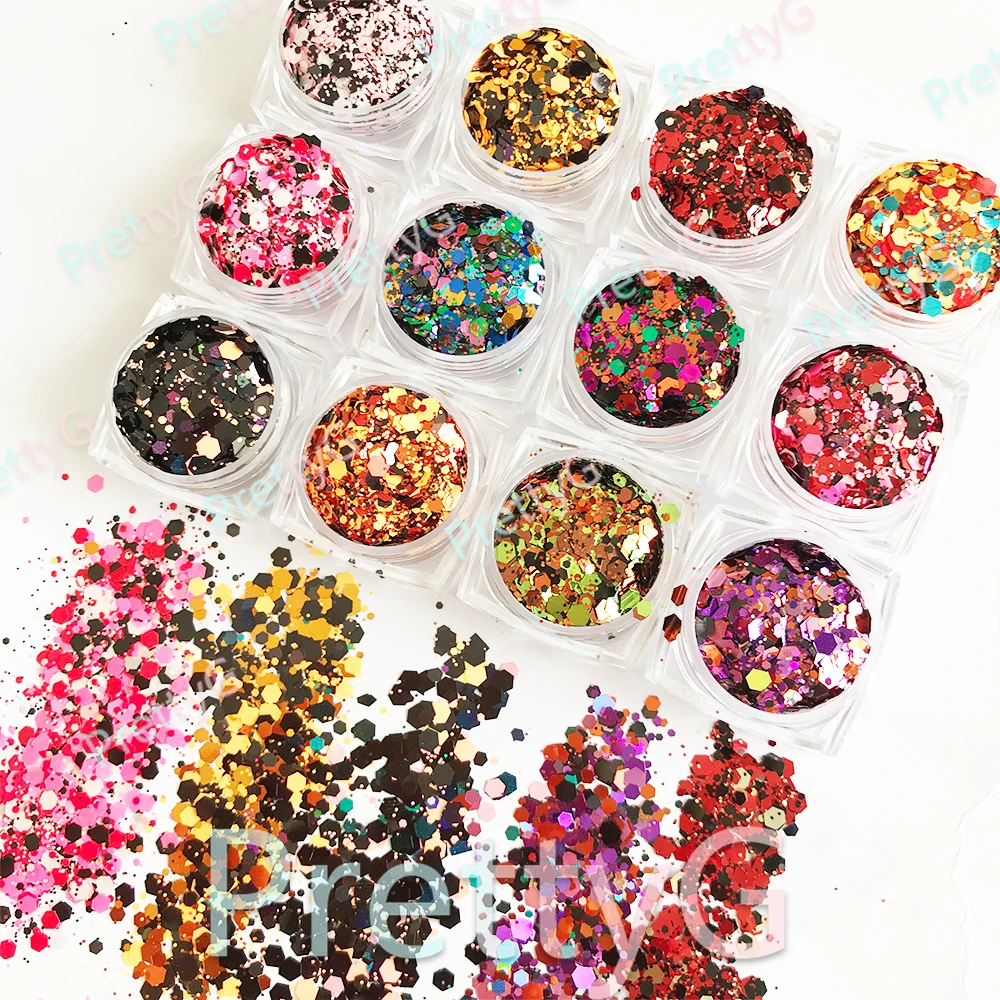 PrettyG 1Set 12Color Box Halloween Chunky Mixes Glitter Bulk Wholesale Glitters Nail Sequins For DIY Mold Resin Epoxy Decoration