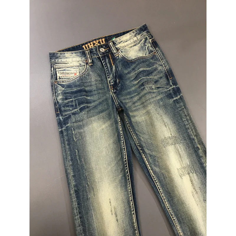 

Light luxury American retro jeans men's fashion trend brand scraped off street slim fit straight tube washed and worn pants
