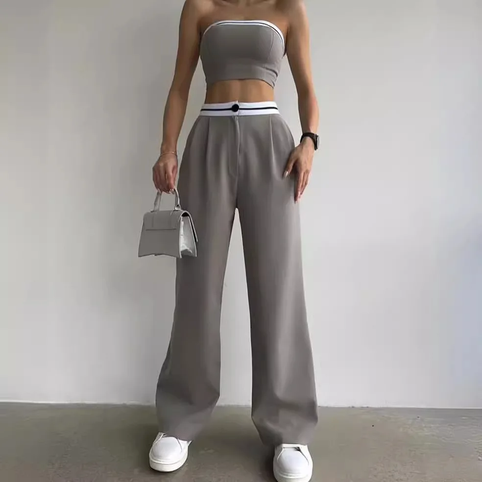 

Women Contrasting Colors Pants Two Pieces Set Casual High Waist Pant+Tube Top Suit Y2k Street Fashion Sexy Slim Sports Outifits