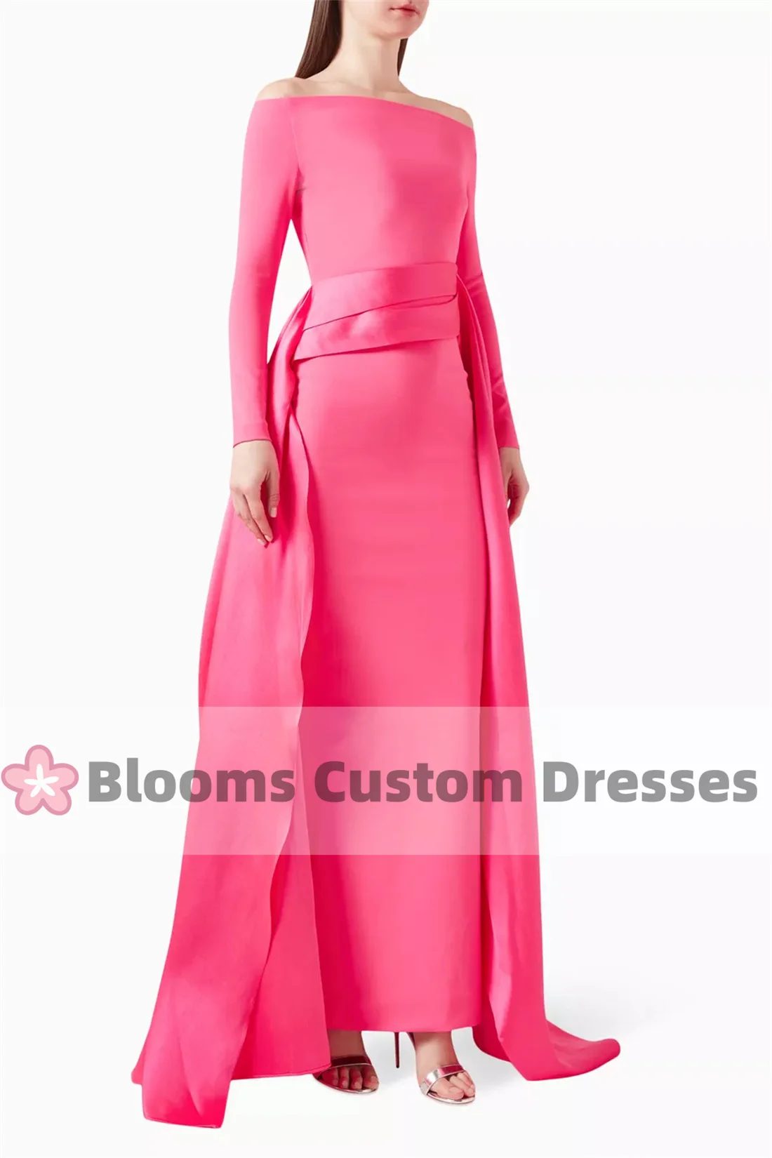 Blooms Crepe and Satin Evening Dresses 2024 Long Sleeve Simple Party Gown Off Shoulder Prom Dress robes invitée mariage