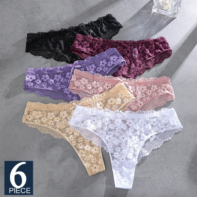 FINETOO 6Pcs Women Lace Floral Underwear Sexy Hollow Out Thongs Breathable Low Waist Panties Girls Invisible Stretchy Lingerie