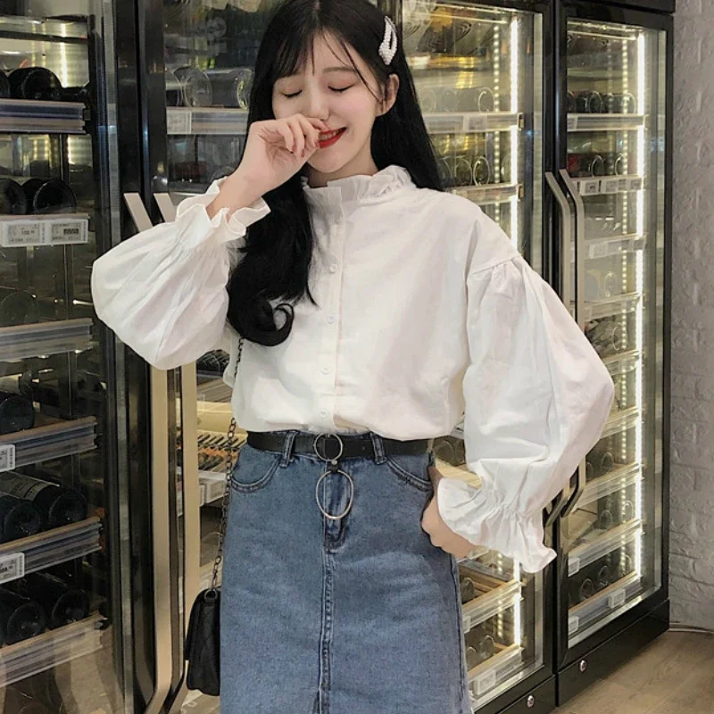 

Shirts Women Ruffle Leisure Stand Collar Solid Flare Sleeve Womens Chic Pleated Loose Blouses Sweet Shirt Students All-match New