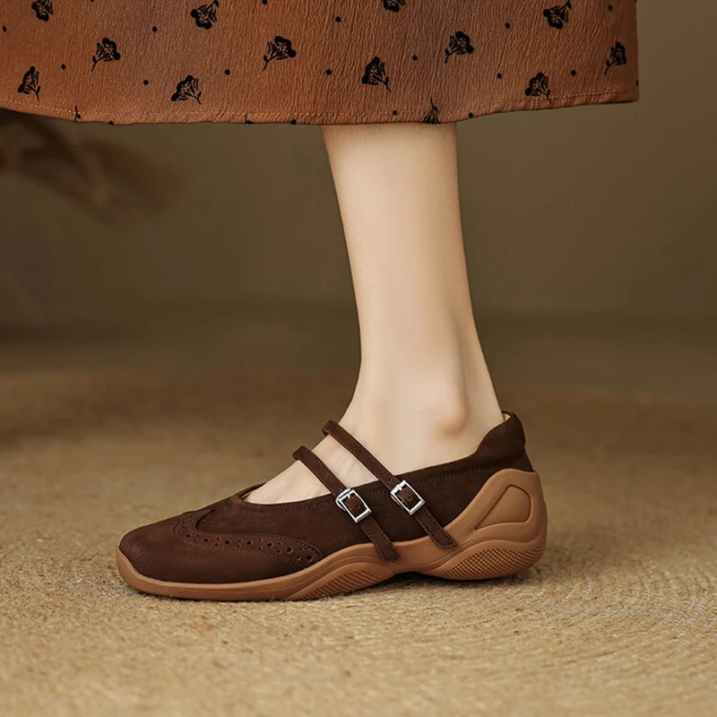 NEW Spring/Autumn Women Pumps Square Toe Increased Internal Shoes Genuine Leather Shoes for Women Black Buckle Mary Janes Shoes