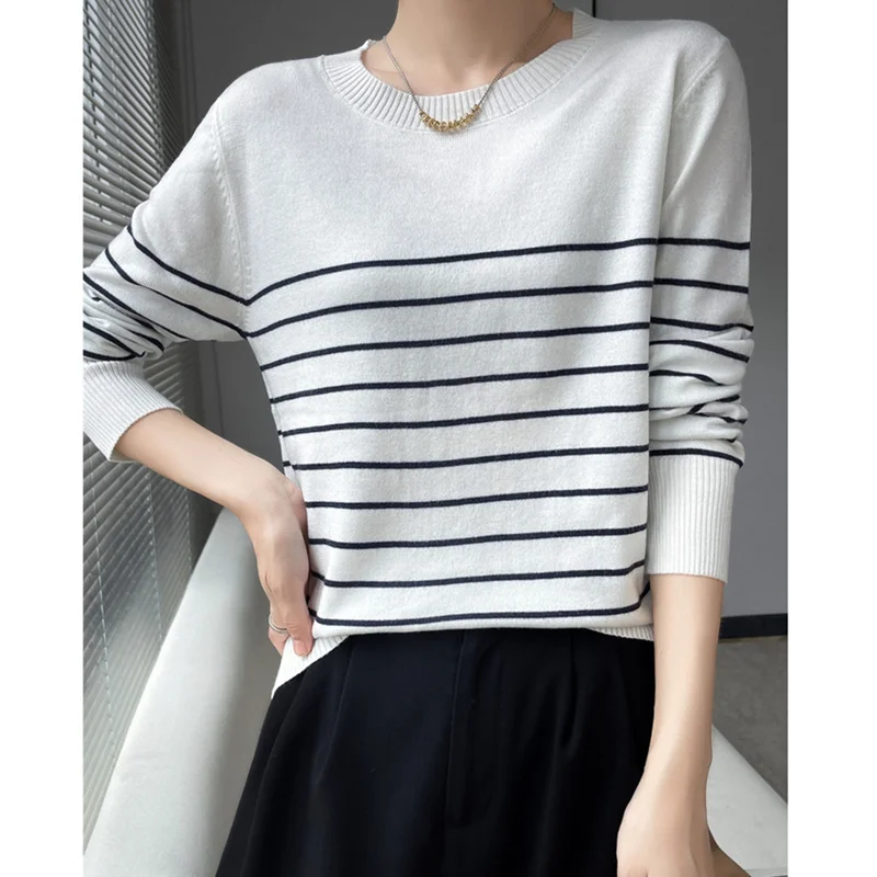 Vintage style striped round neck cashmere sweater women\'s fall/winter loose pullover  with base sweater