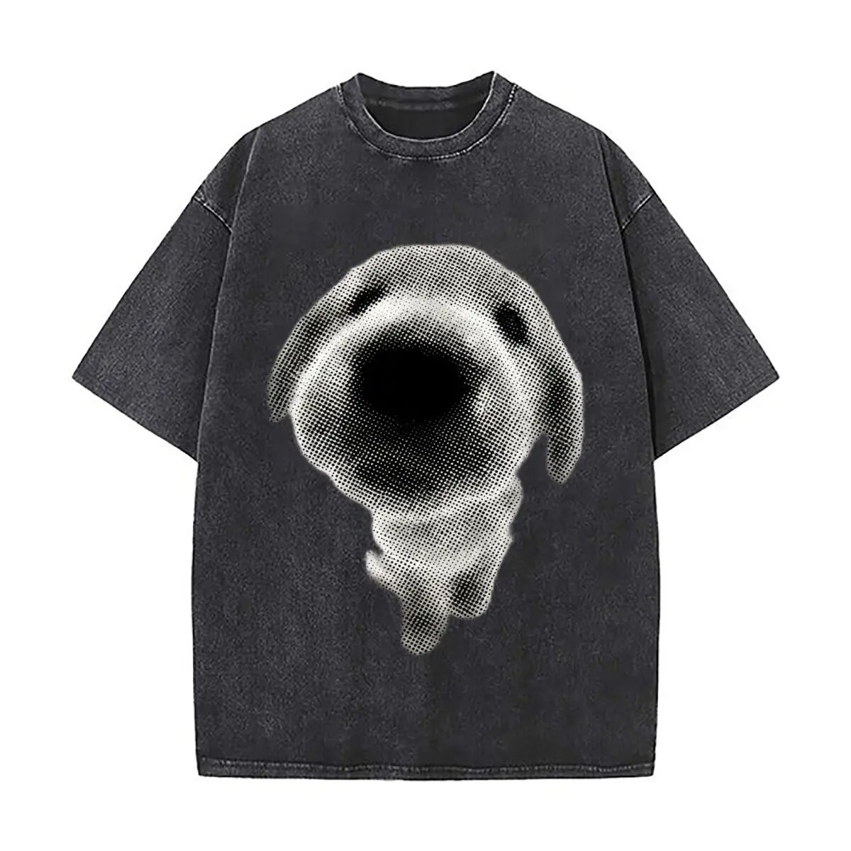 Black White Halftone Dog Face Portrait Washed Short Sleeve Loose Streetwear Tee Hip Hop