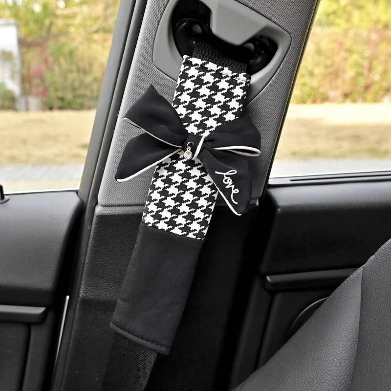 1pc Classic Plaid Bowknot Universal Car Gear Shifter Handbrake Cover Auto Seat Belt Case Car Interior Decor Accessories Women