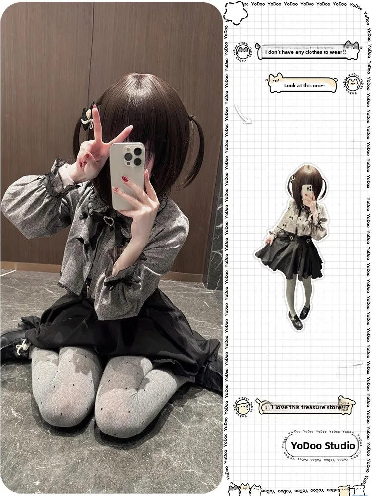 

Sweet Japanese Style Knot Cloak Shirt High Waist Double Layer Short Skirt Two Piece Set Spring Autumn New Style Fas...